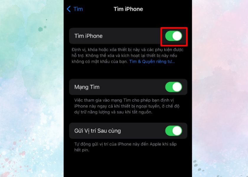 Nhấn thanh gạt gửi lịch sự blue color nhằm nhảy mò mẫm, xác định iPhone bị mất